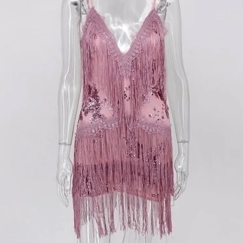 Pink/Rose Gold Sequin and Fringe Flapper Dress